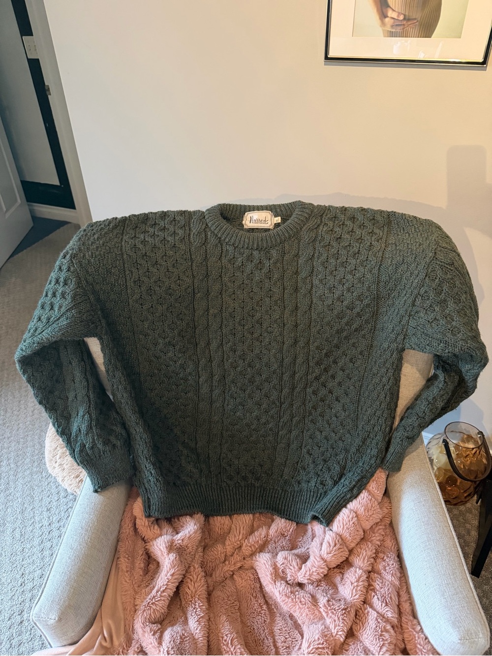 Harrods Olive Green Cable Knit Crewneck Sweater